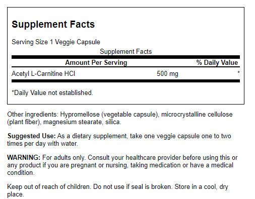 Swanson Acetyl L-Carnitine 500 mg 240 Veg Capsules | Premium Supplements at MYSUPPLEMENTSHOP