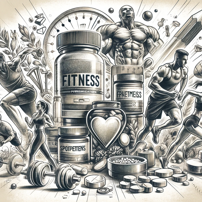 Hand-drawn pencil sketch of fitness and supplementation themes
