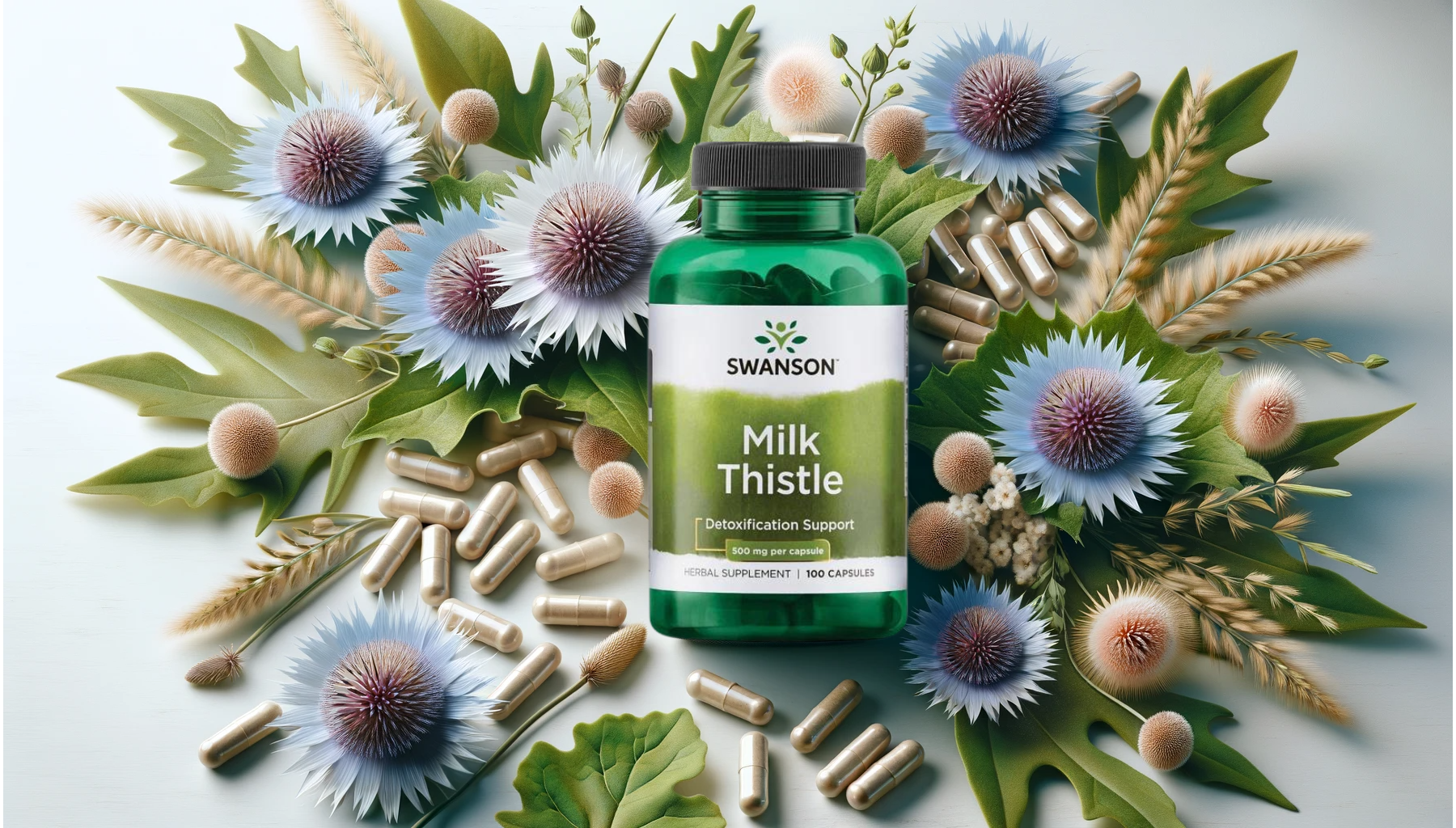 Header image showing Swanson Milk Thistle 500mg capsules alongside vibrant Milk Thistle flowers and leaves, symbolizing the supplement's natural liver health and antioxidant benefits in a serene, health-focused setting.