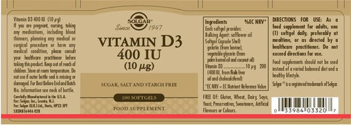 Solgar Vitamin D3 400 IU (10 ÔøΩg) Softgels 100Tabs | High-Quality Vitamin D | MySupplementShop.co.uk