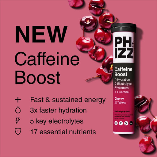 Phizz Cherry + Caffeine Boost 3-in-1 Hydration, Electrolytes and Vitamins Effervescent  12x20Tabs Cherry