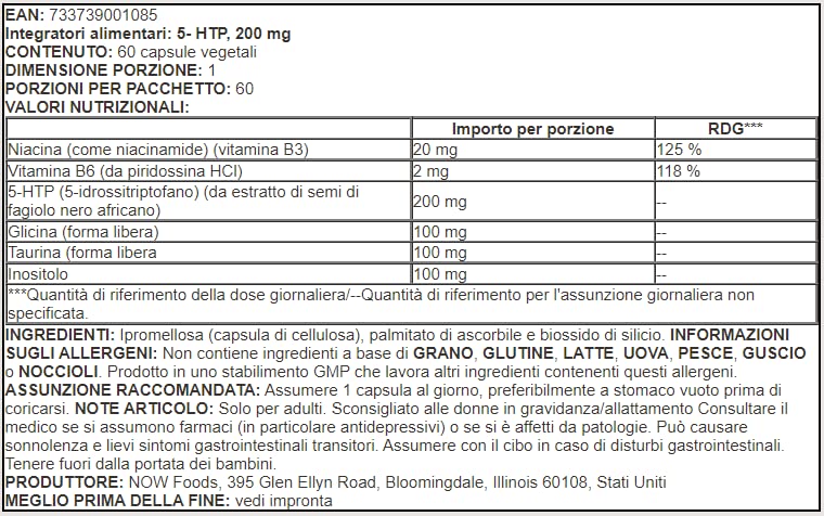 NOW Foods 5-HTP with Glycine Taurine & Inositol, 200mg - 60 vcaps - Health and Wellbeing at MySupplementShop by NOW Foods