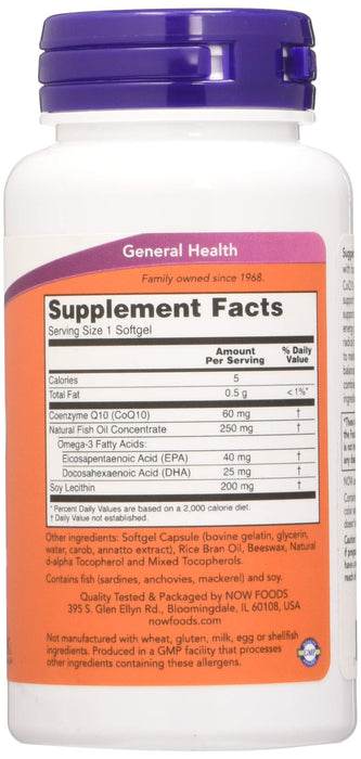 NOW Foods CoQ10 with Omega-3, 60mg with - 60 softgels - Health and Wellbeing at MySupplementShop by NOW Foods