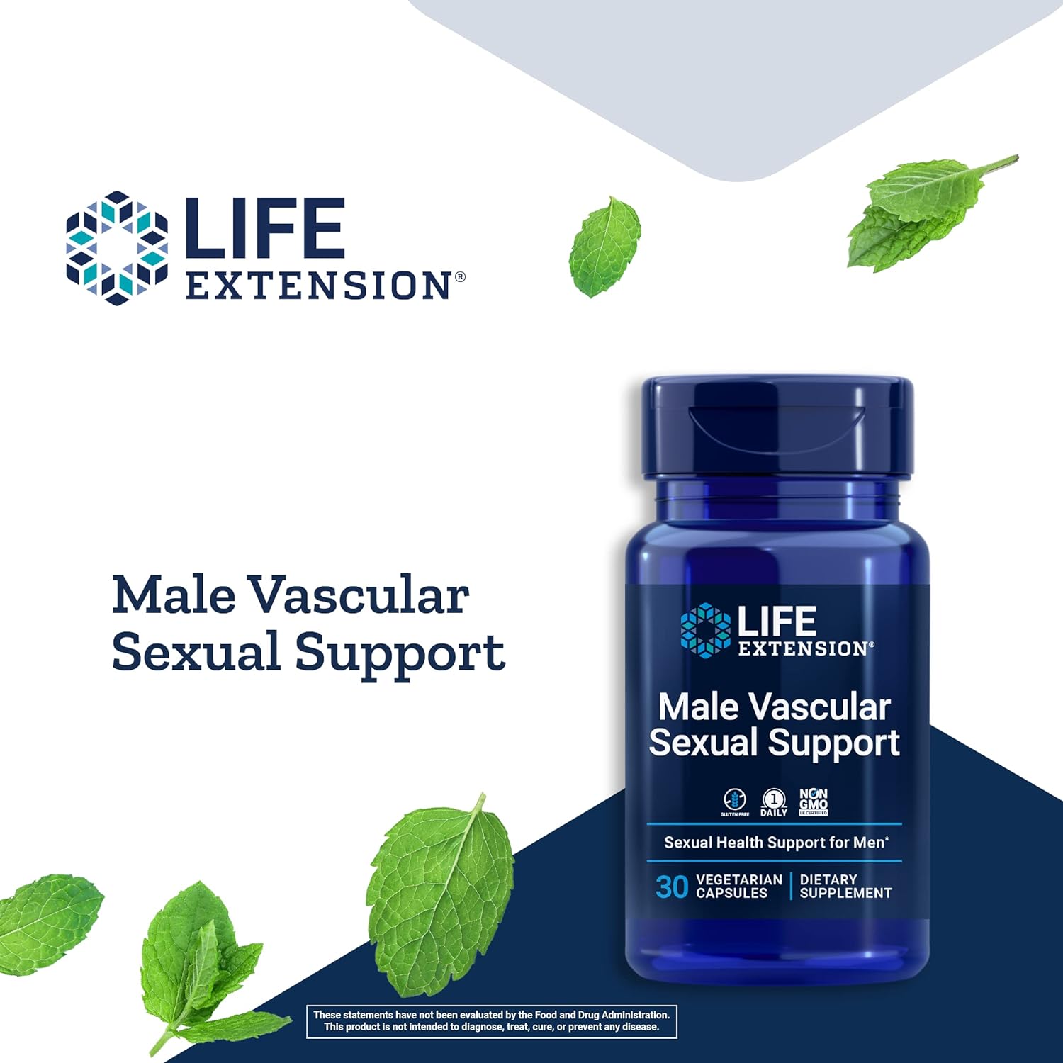 Life Extension Male Vascular Sexual Support Capsules with leaves falling around it