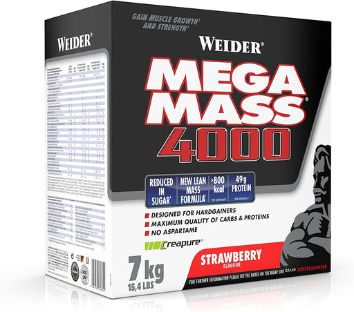 Weider Mega Mass 4000, Strawberry - 7000 grams | High-Quality Weight Gainers & Carbs | MySupplementShop.co.uk