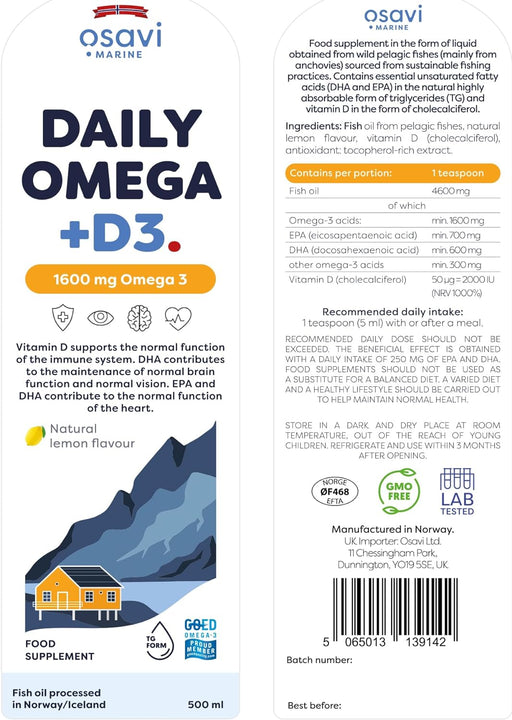 Osavi Daily Omega + D3, 1600mg Omega 3 (Natural Lemon) - 500 ml. | High-Quality Omega-3 | MySupplementShop.co.uk