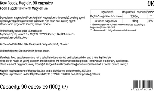 NOW Foods Magtein Magnesium L-Threonate - 90 vcaps | High-Quality Magnesium | MySupplementShop.co.uk