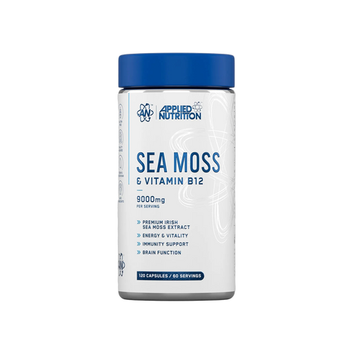 Supplement bottle labeled 'Sea Moss & Vitamin B12' by Applied Nutrition on a white background