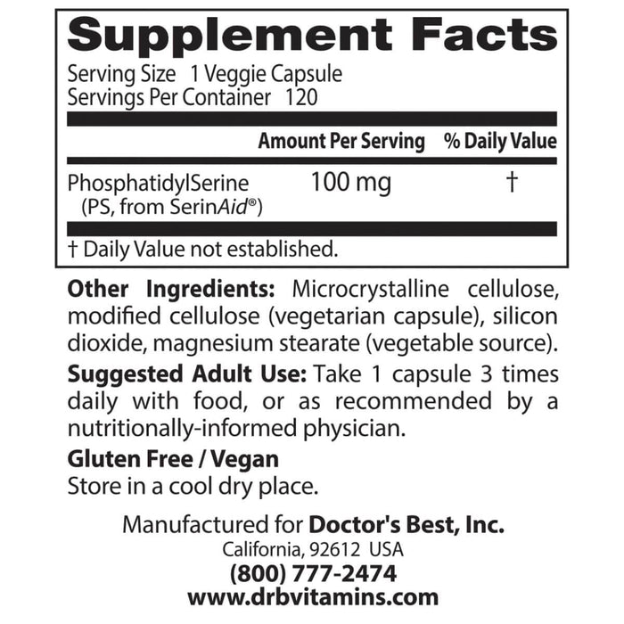 Doctor's Best Phosphatidylserine with SerinAid, 100 mg 120 Veggie Capsules - Health and Wellbeing at MySupplementShop by Doctor's Best