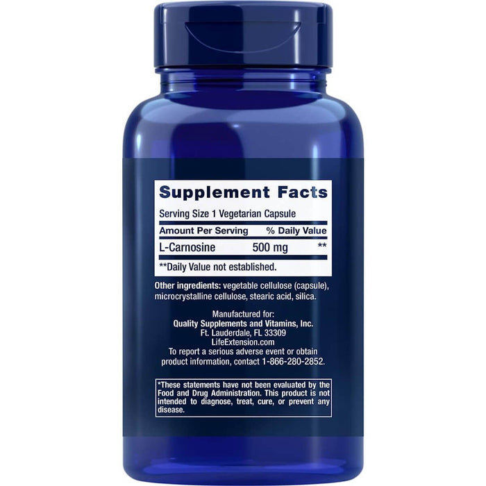 Life Extension Carnosine 500mg 60 Vegetarian Capsules, Anti-Aging Peptides - Amino Acids and BCAAs at MySupplementShop by Life Extension