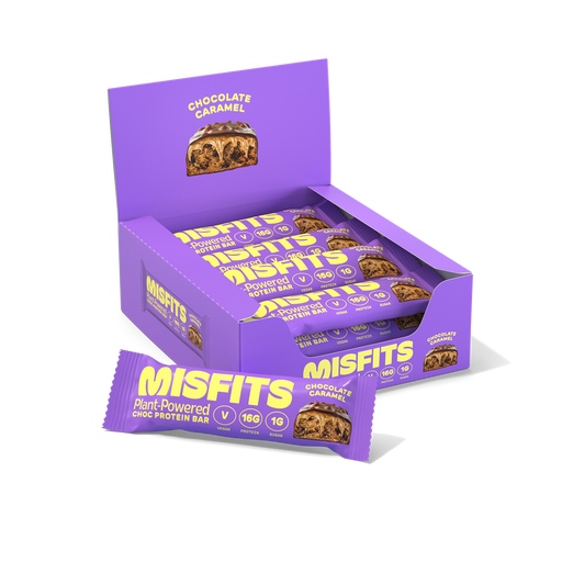 Misfits Vegan Protein Bar 12x45g Chocolate Caramel Best Value Sports Supplements at MYSUPPLEMENTSHOP.co.uk