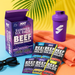 Summer Six Pack beef protein isolate box open with six sachets, purple MSS shaker featuring the MSS logo, and summer accessories.