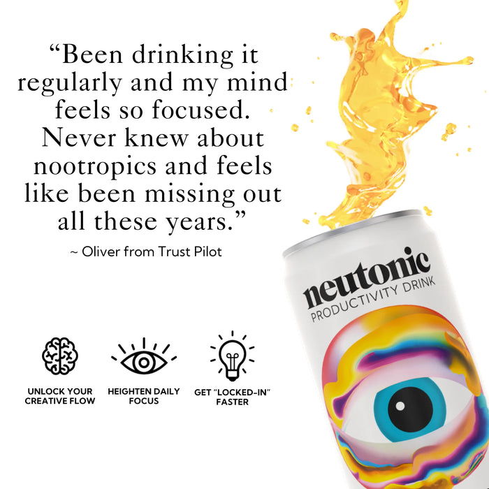 Neutonic productivity drink can with colorful design and customer testimonial on a white background