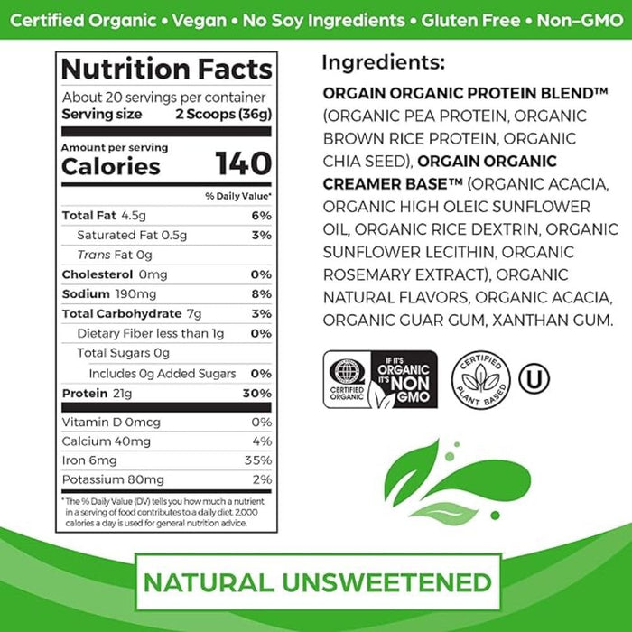 Orgain Organic Protein, Natural Unsweetened - 720g - Protein Supplement Powder at MySupplementShop by Orgain