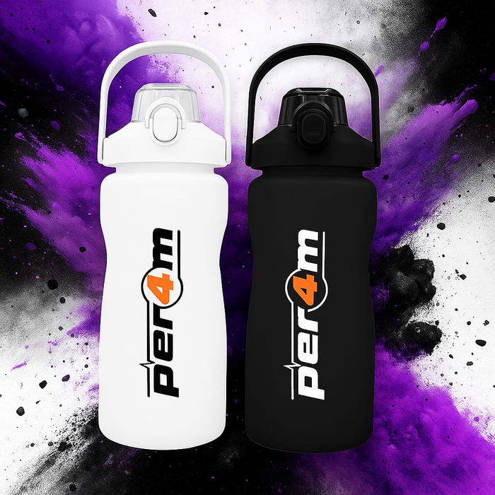 Black and white Per4m water bottles with the original orange "4" logo, set against a dynamic purple and black explosion background