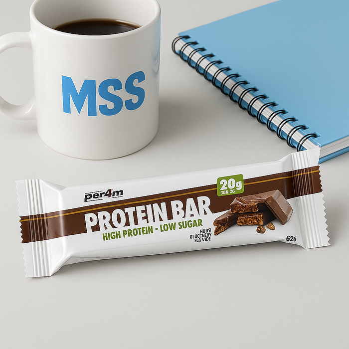 PER4M Protein Bar on a modern desk with MSS mug and blue notebook – Desk Snack lifestyle image for MySupplementShop ecommerce listing.
