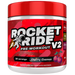 Red and white container of Rocket Ride V2 pre-workout supplement with cherry cosmos flavor on a white background