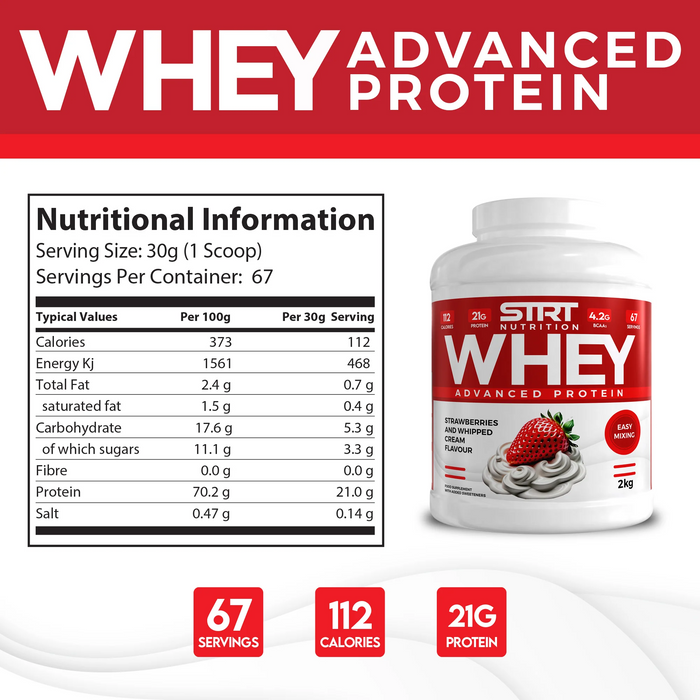 STRT Nutrition Whey Protein 2kg – 21g Protein, 67 Servings, Multiple Flavours