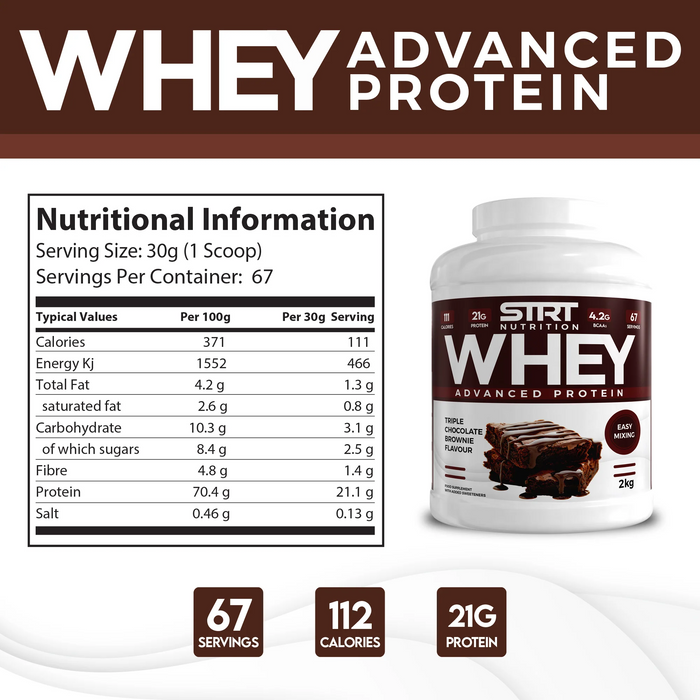 STRT Nutrition Whey Protein 2kg – 21g Protein, 67 Servings, Multiple Flavours