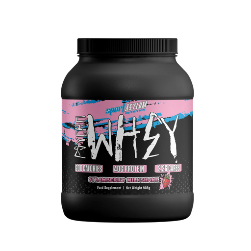 Black supplement container with pink and white label on a white background