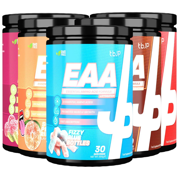 Colorful tubs of Trained By JP EAA for boosting protein and essential nutrients