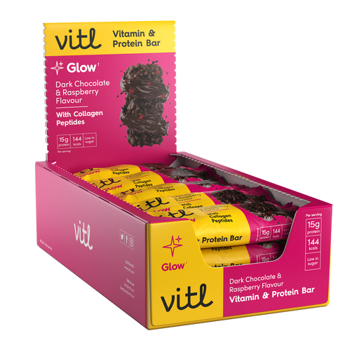 Vitl Glow Vitamin & Protein Bar 15x40g Dark Chocolate Raspberry | Premium Sports Supplements at MYSUPPLEMENTSHOP.co.uk