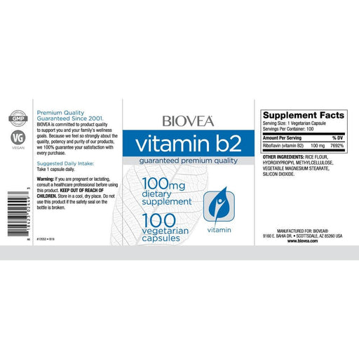 Biovea Vitamin B2 100mg 100 Vegetarian Capsules | Premium Supplements at MYSUPPLEMENTSHOP