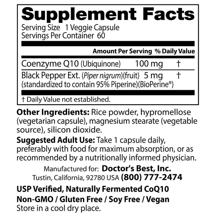 Doctor's Best High Absorption CoQ10 with BioPerine 100 mg 60 Veggie Capsules - Health and Wellbeing at MySupplementShop by Doctor's Best