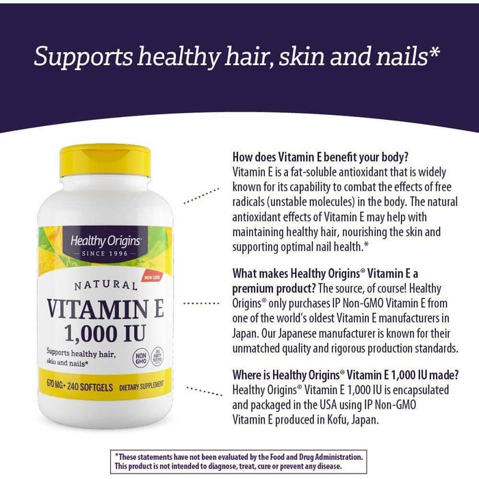 Healthy Origins Vitamin E 1,000iu 60 Softgels - Skin Care at MySupplementShop by Healthy Origins