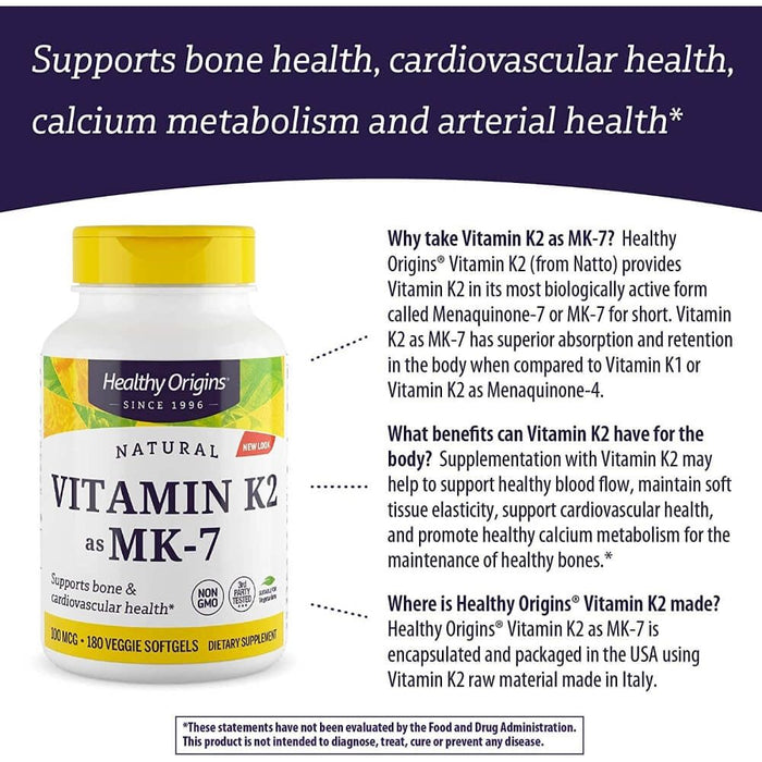 Healthy Origins Vitamin K2 as MK-7 100mcg 180 Veggie Softgels - Heart Health at MySupplementShop by Healthy Origins