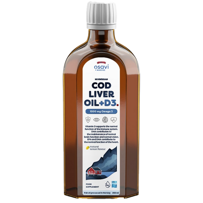 Osavi Norwegian Cod Liver Oil + D3, 1000mg Omega 3 (Lemon) - 250 ml.