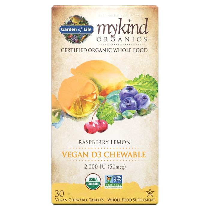 Garden of Life Mykind Organics Vegan D3 Chewable, 2000 IU (Raspberry-Lemon) - 30 vegan chewable tabs