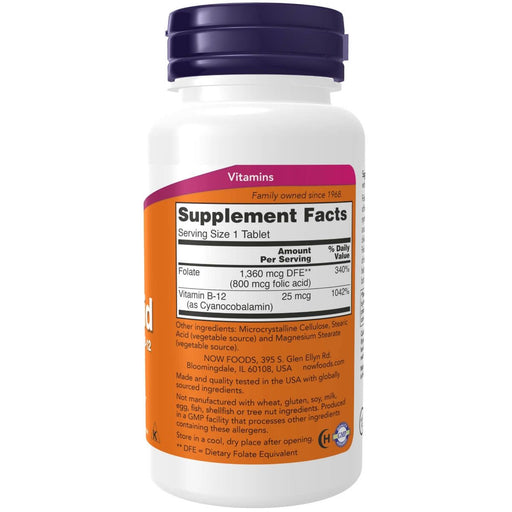 NOW Foods Folic Acid 800 mcg + B-12 25 mcg 250 Tablets | Premium Supplements at MYSUPPLEMENTSHOP