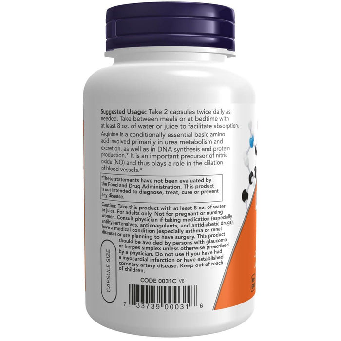 NOW Foods L-Arginine 500 mg 250 Veg Capsules - Amino Acids and BCAAs at MySupplementShop by NOW Foods