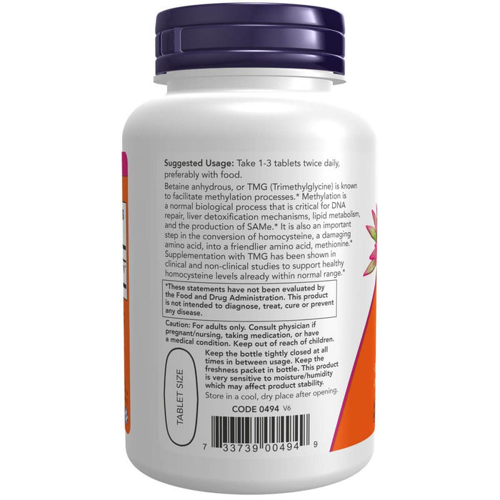 NOW Foods TMG Betaine 1,000 mg 100 Tablets | Premium Supplements at MYSUPPLEMENTSHOP