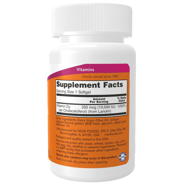 NOW Foods Vitamin D-3 10,000 IU 120 Softgels - Immune Support at MySupplementShop by NOW Foods