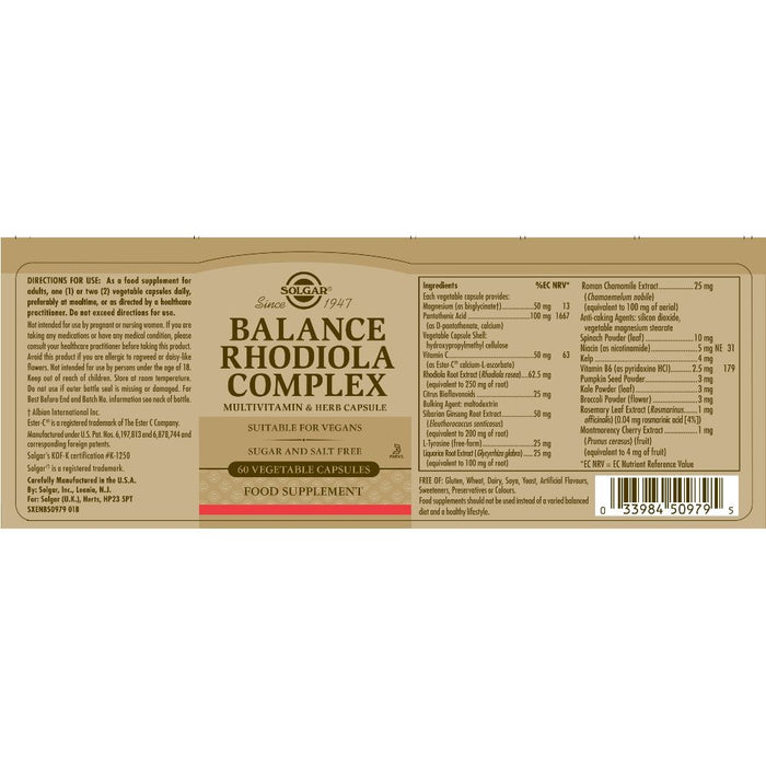 Solgar Balance Rhodiola Complex Vegetable Capsules Pack of 60 - Immune Support at MySupplementShop by Solgar