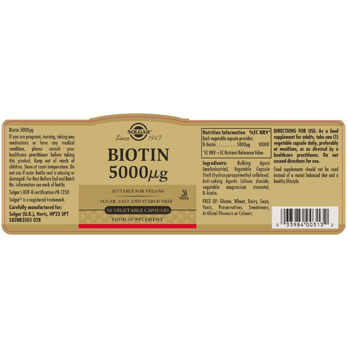 Solgar Biotin 5000 Âµg Vegetable Capsules Pack of 50 at MySupplementShop.co.uk