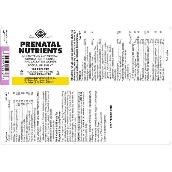 Solgar Prenatal Nutrients Tablets Pack of 120 - Pregnancy at MySupplementShop by UK Solgar