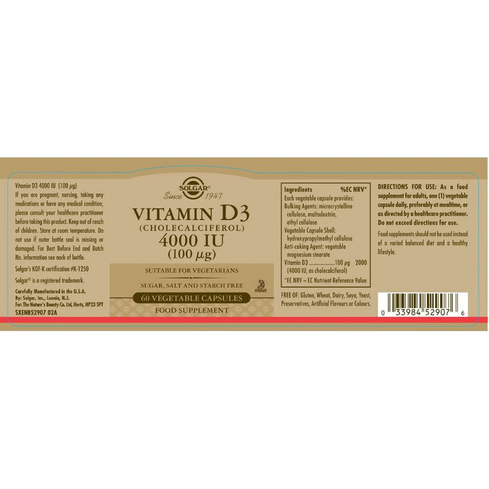 Solgar Vitamin D3 (Cholecalciferol) 4000 IU (100 µg) Vegetable Capsules Pack of 60 - Immune Support at MySupplementShop by Solgar