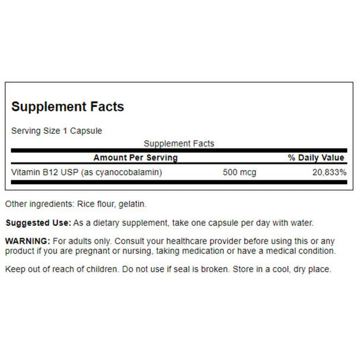 Swanson Vitamin B12 Cyanocobalamin 500 mcg 30 Capsules | Premium Supplements at MYSUPPLEMENTSHOP.co.uk