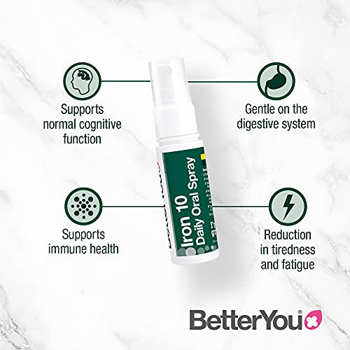 BetterYou Iron 10 Daily Oral Spray | Iron Supplement and Immune System Support | Delivers 10mg of Highly Absorbable Iron Per Dose | 25ml | 32 Daily Doses | Natural Pomegrante Flavour | High-Quality Iron | MySupplementShop.co.uk