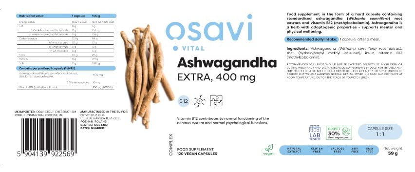 Osavi Ashwagandha Extra, 400mg - 120 vegan caps - Combination Multivitamins & Minerals at MySupplementShop by Osavi