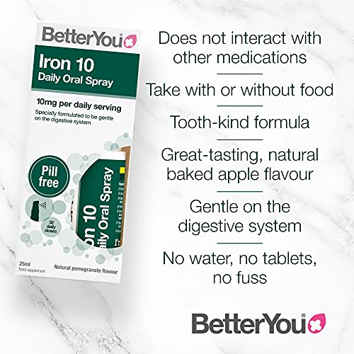 BetterYou Iron 10 Daily Oral Spray | Iron Supplement and Immune System Support | Delivers 10mg of Highly Absorbable Iron Per Dose | 25ml | 32 Daily Doses | Natural Pomegrante Flavour | High-Quality Iron | MySupplementShop.co.uk