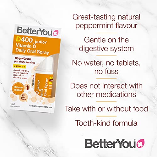 BetterYou D400 Junior Vitamin D Daily Oral Spray | 3 Years + | 400 IU | A Quick And Easy Way To Maintain Your Child's Vitamin D Levels | 100 Daily Doses | Natural Peppermint Flavour | High-Quality Vitamin D | MySupplementShop.co.uk