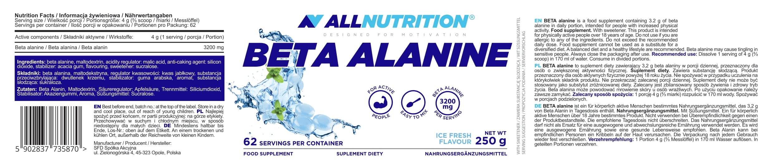 Allnutrition Beta Alanine, Ice Fresh - 250g - Combination Multivitamins & Minerals at MySupplementShop by Allnutrition