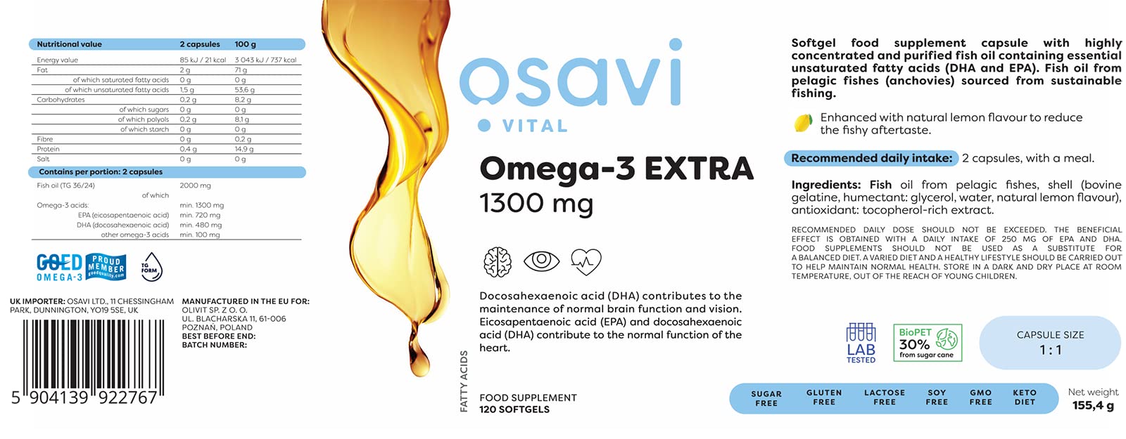 Osavi Omega-3 Extra, 1300mg (Lemon) - 120 softgels (EAN 5904139922767) - Omega-3 at MySupplementShop by Osavi