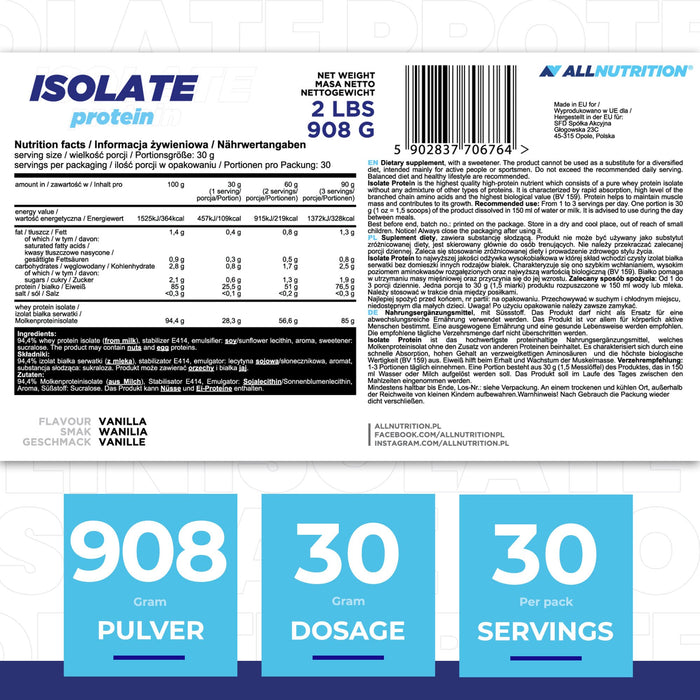 Allnutrition Isolate Protein, Vanilla - 908 grams - Protein at MySupplementShop by Allnutrition