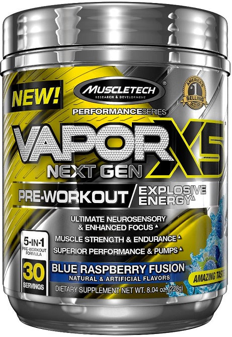 MuscleTech Vapor X5 Next Gen Pre-Workout, Blue Raspberry - 228 grams | High-Quality Nitric Oxide Boosters | MySupplementShop.co.uk