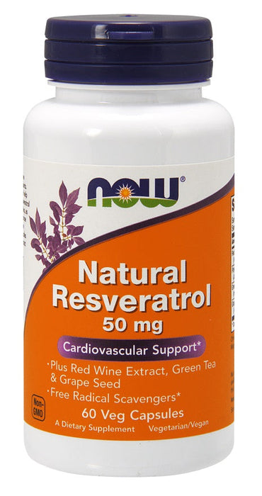 NOW Foods Natural Resveratrol with Red Wine Extract, Green Tea & Grape Seed, 50mg - 60 vcaps - Health and Wellbeing at MySupplementShop by NOW Foods